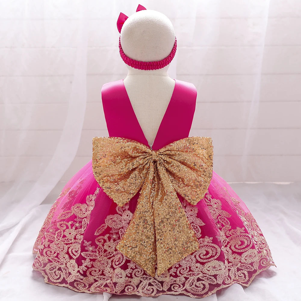 Gold Bow Flower Baby Dress for Girls Christmas Costumes 1st Birthday Party Princess Dresses Wedding Formal Evening Kids Clothing