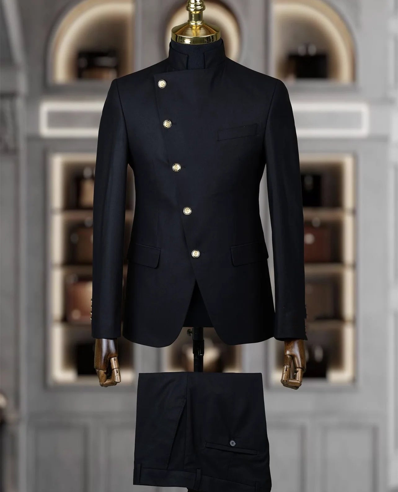 Men's Suit Blazer Sets 2 Pieces East Style Slim Fit Formal Indian Middle Stand-Up Collar Suit for Men Slant-Breasted Wedding