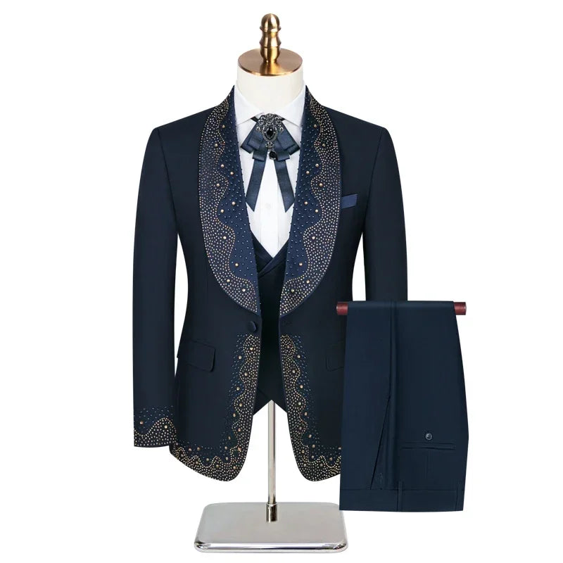 Luxury Wedding Suit For Fashion Men Beaded Slim Fit Groom Tuxedo Gentleman Party Suit 3 Pieces (Jacket+Pants+Vest) 2025