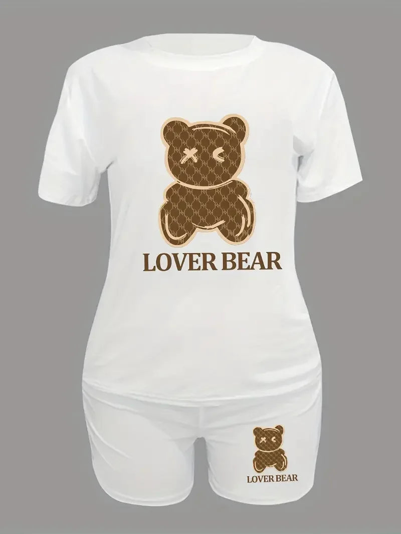 Women Two-piece Set Short Sleeve Bear Print Casual T-Shirt & Shorts 2pcs Outfits For Summer Women's Clothing
