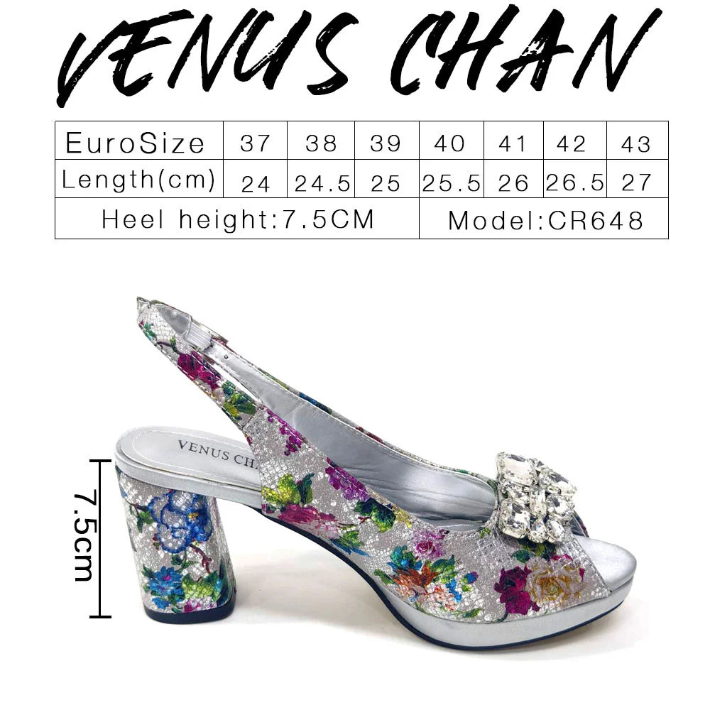 Venus Chan Italian Sandals and Bags Matching Set 2024 Women Heel Party for Gold Colour Wedding Bigger Size Thick Heel Shoes