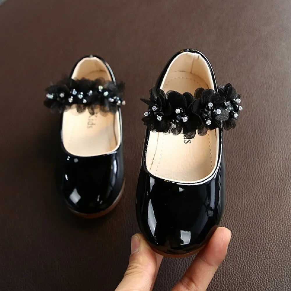 Baby Girls Walking Shoes Kids PU leather Big Flower Princess Shoes Party Wedding Baby Girls Dance Shoes Anti-Slip Casual Sneaker