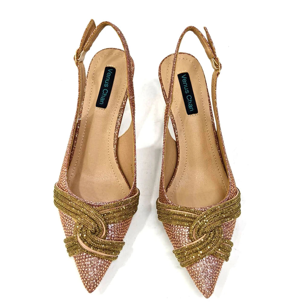 Venus Chan 2024 Special Design High Quality Orange Color African Women Shoes and Bag Set with Shinning Crystal for Wedding Party