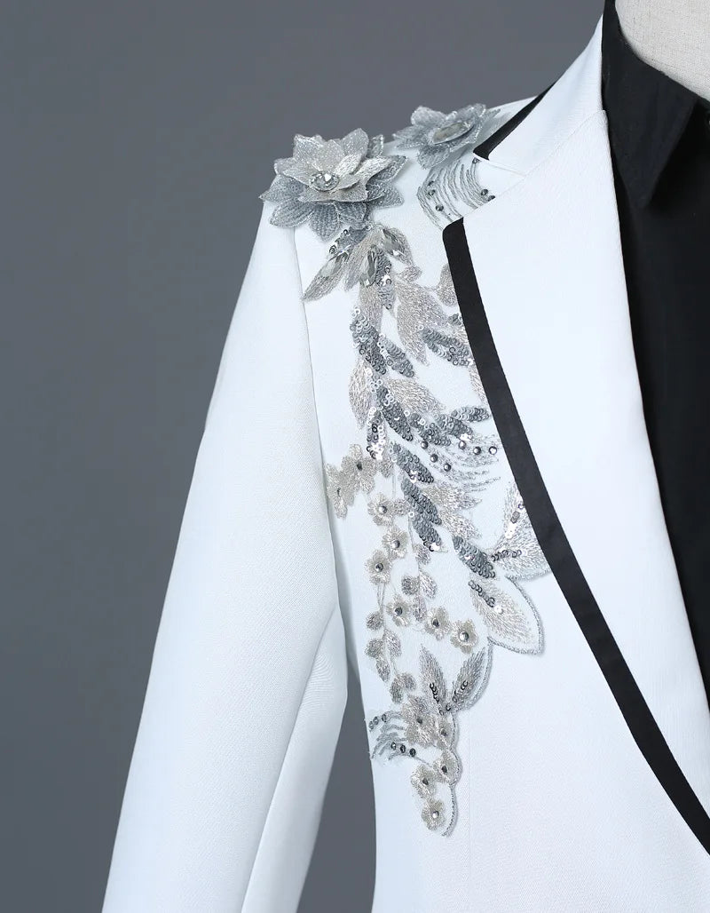 COLDKER Elegant Appliqued Mens Suits Slim Fit 2 Piece Formal Tuxedo Suits Blazer Pants with Bow Tie for Wedding Prom