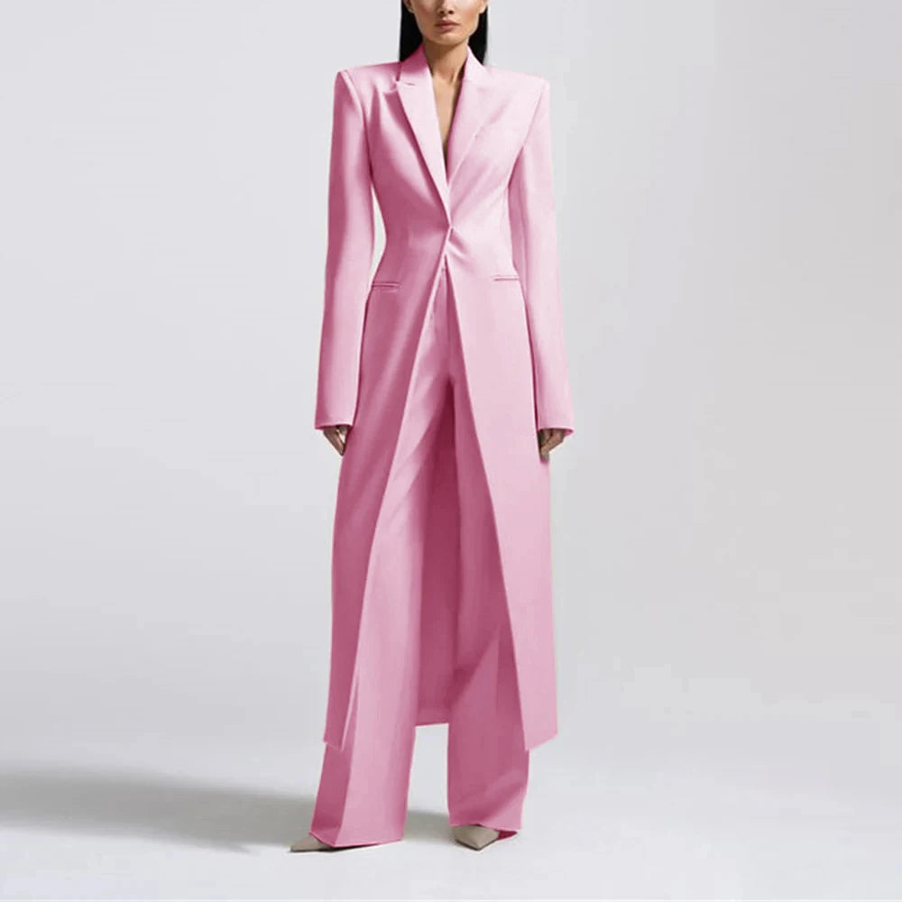 Fashion Beige Women's Blazer PantsSuit Peak Lapel Long Coat Wedding Formal Suits Office Lady Jacket Pant 2 Piece