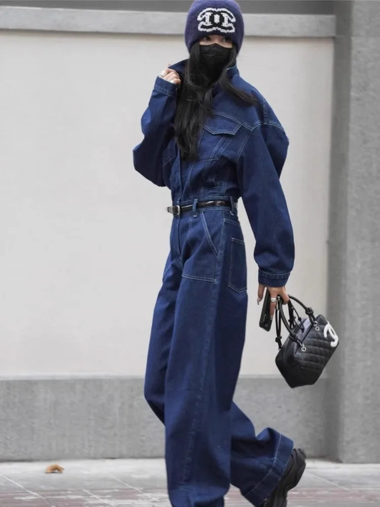 Blue Design Denim Jumpsuit Women'S Spring And Autumn Collar Fashionable Workwear Large Pocket Loose Pants