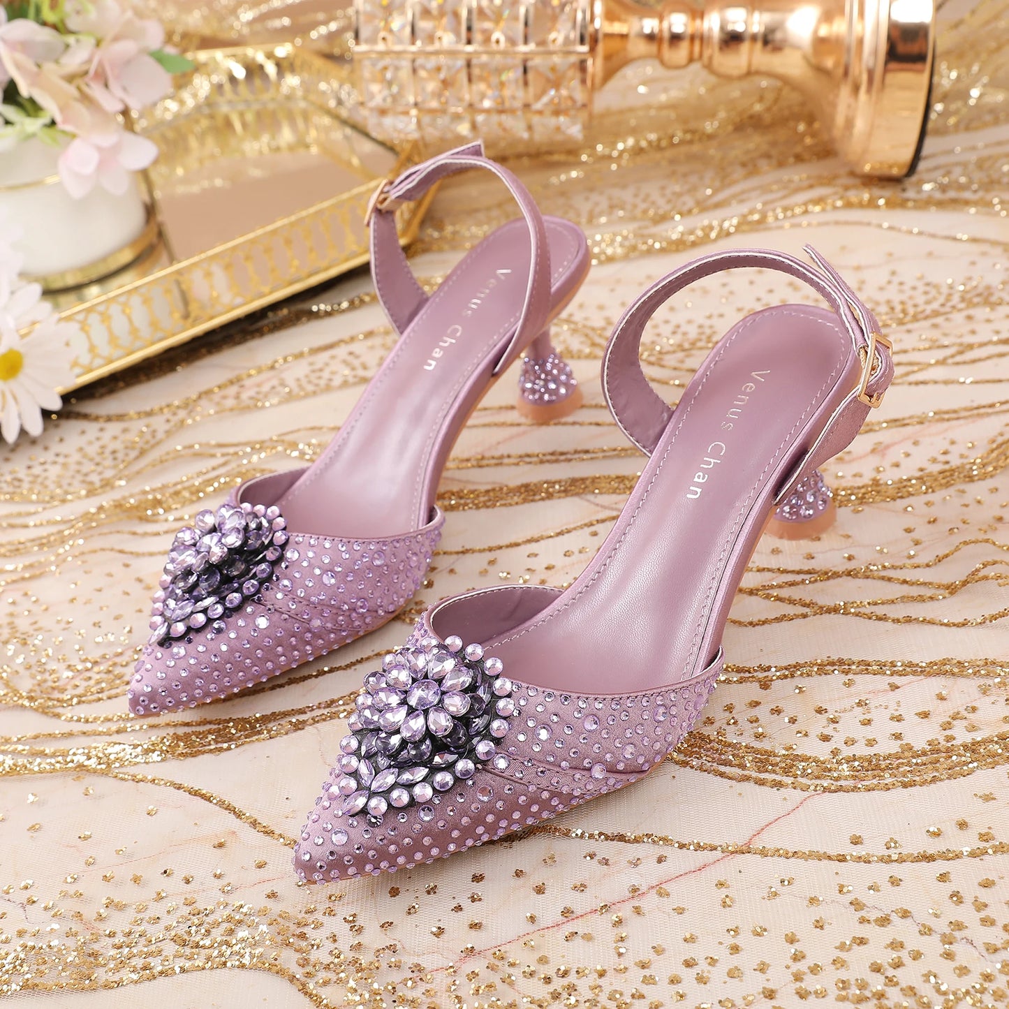 Luxury Elegant High Heels Royal Blue Color Diamond Embellished Pointed Toe Women's Shoes for Wedding Party Casual 2025 Style