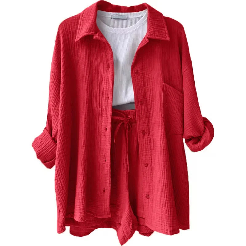 Short Sets Women Tracksuit Single Breasted Cardigan Blouses Two Pieces Shorts Loose Button High Street Solid Pockets Folds