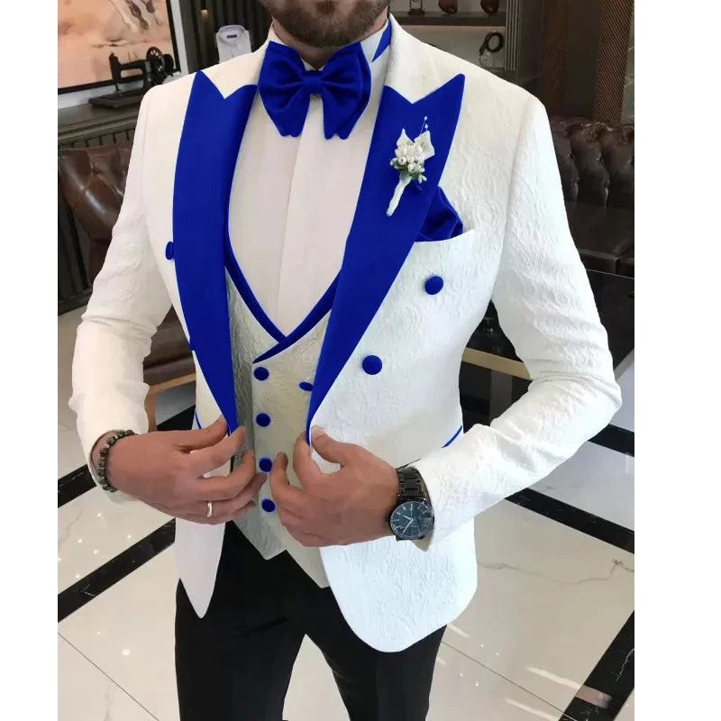 Men Wedding Suits 2024 Formal White Jacquard Men Suit Set Slim Fit Groom Tuxedos Groomsman Blazer Suits For Men 3 Piece