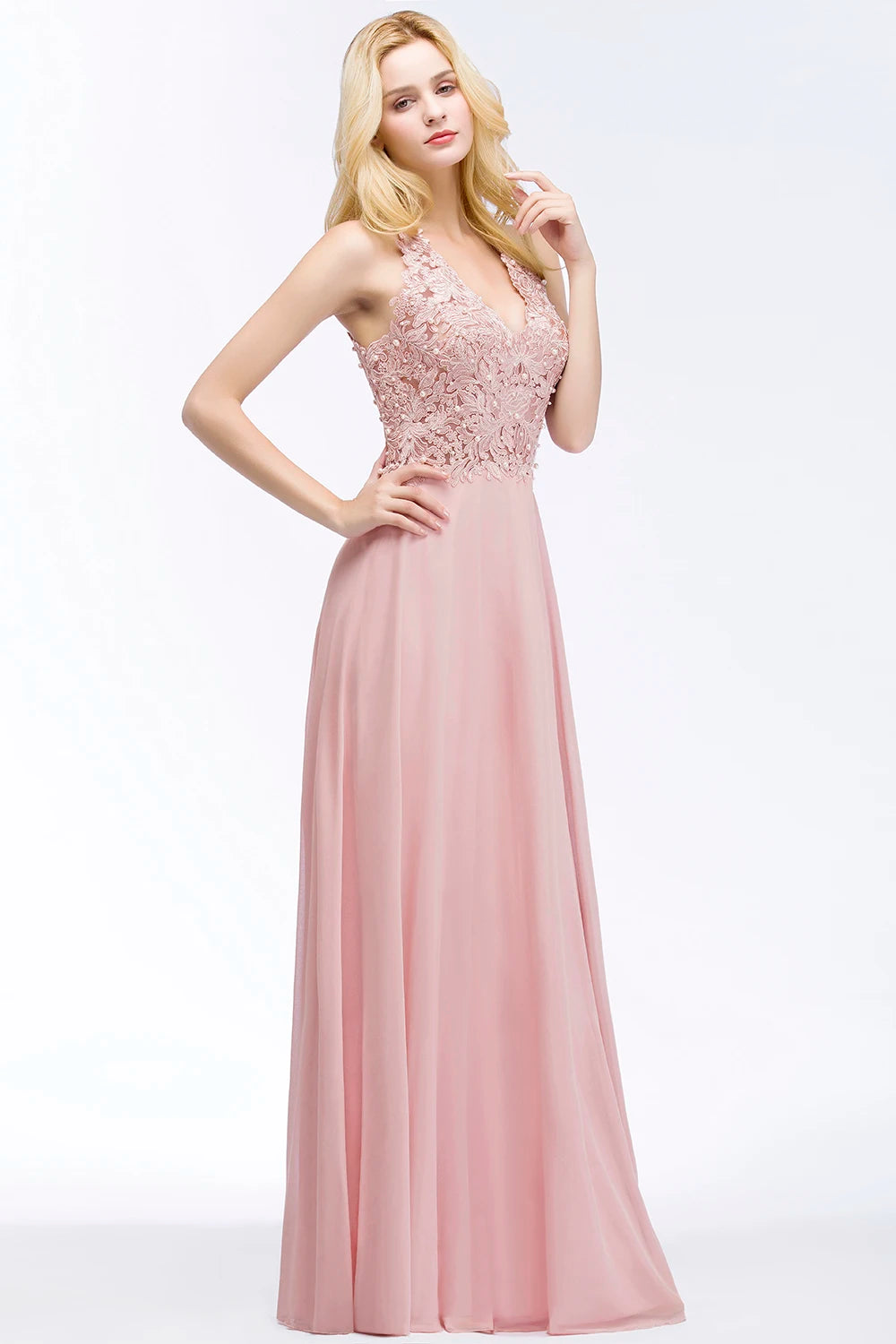 BABYONLINE Halter Neckline Lace Pearls Bodice Bridesmaid Dress Long Floor-length Skirt Chiffon Sexy Open Back Wedding Clothes