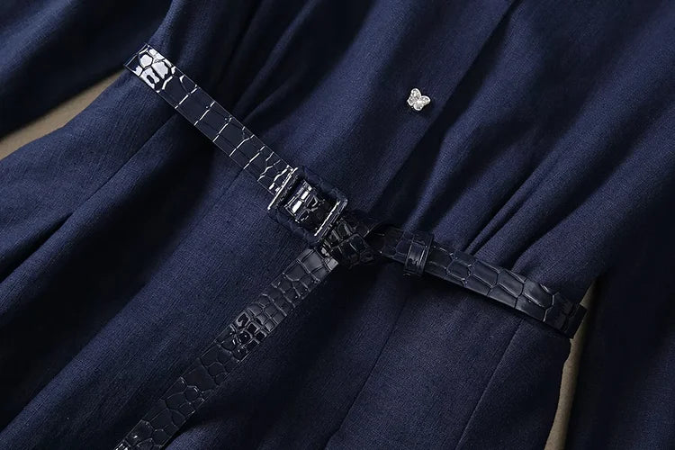 LD LINDA DELLA Elegant Commuter Solid Color Women's Dress Autumn Winter Turn-Down Collar Lace-UP linen long sleeves Dresses