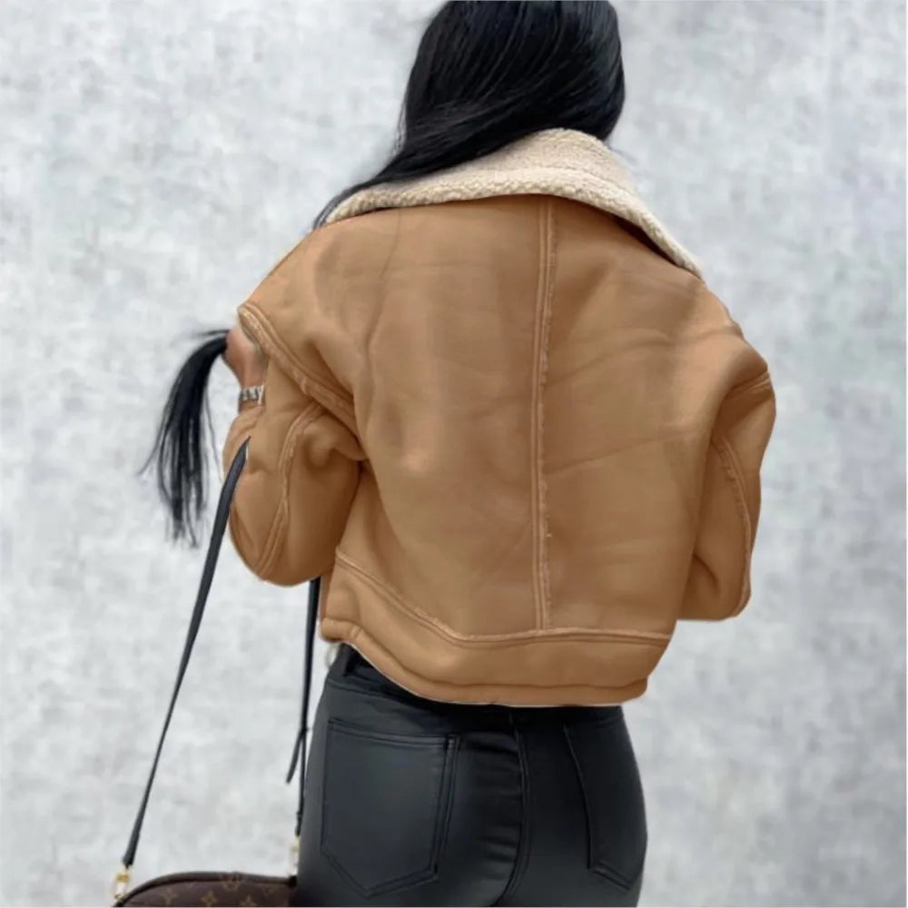 2025 Autumn Winter Women's Jacket New Fashion Lamb Fur Splicing Short Coat Zipper Motorcycle PU Leather Jacket Tops Female