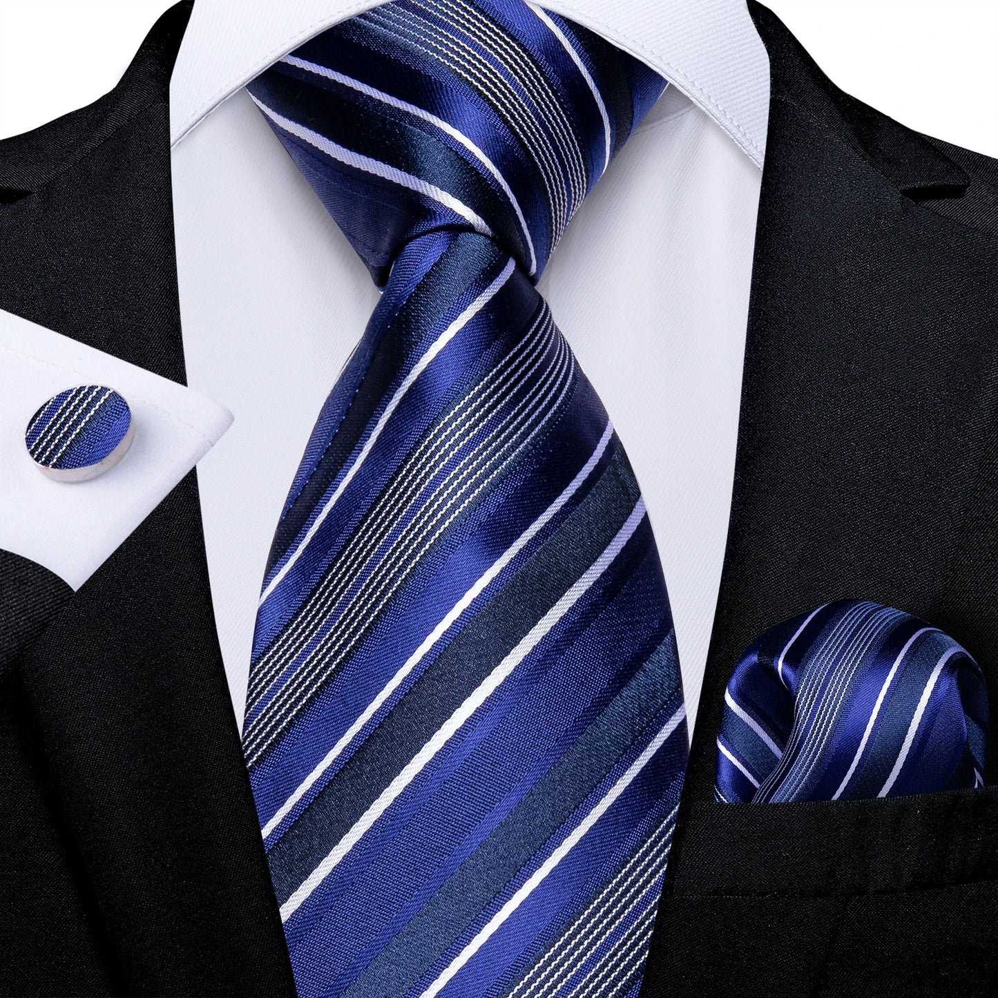 Royal Blue Paisley Plaid Striped Men tie Set with Handkerchief Cufflinks Wedding Prom Groom Accessories Perfect Gift for Men