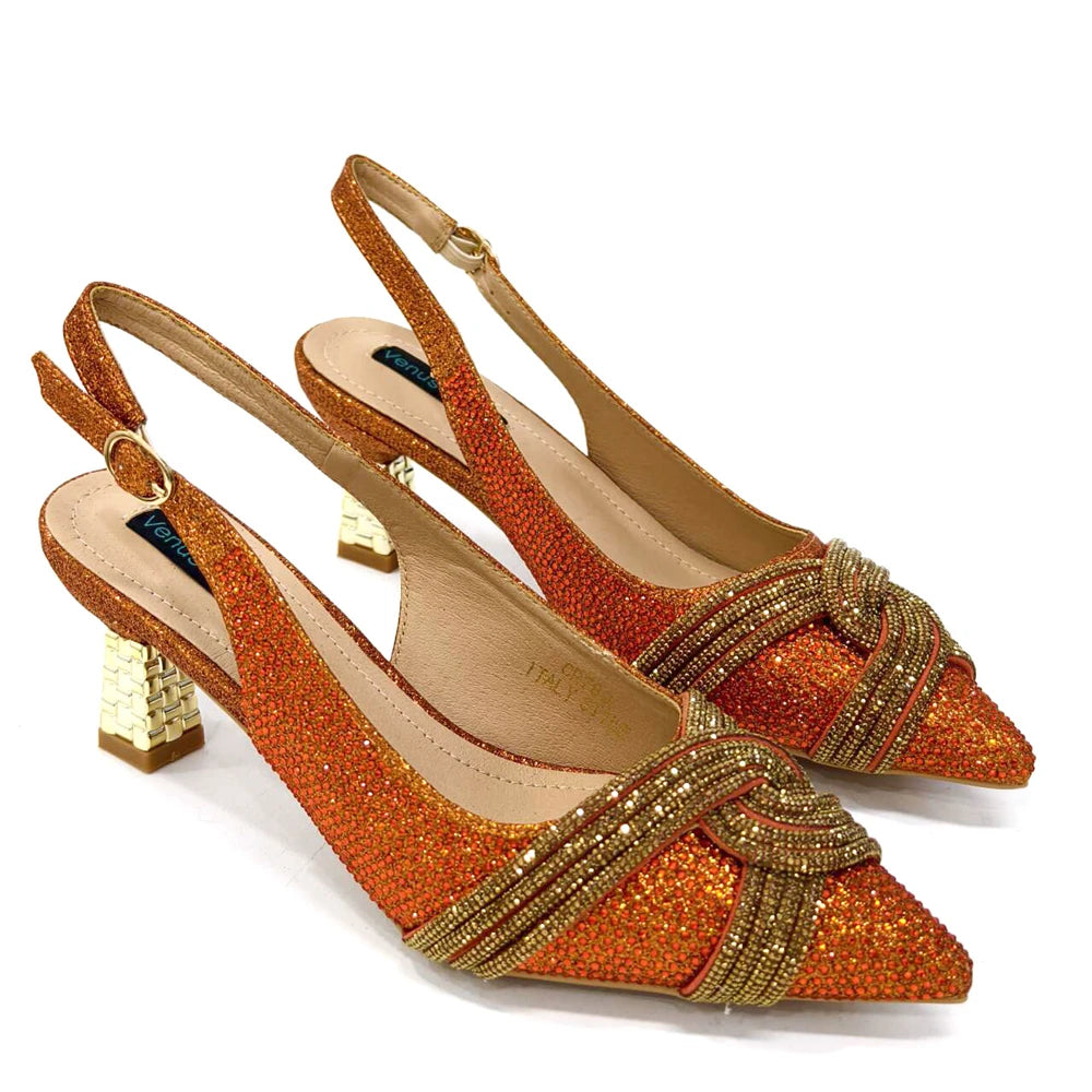 Venus Chan 2024 Special Design High Quality Orange Color African Women Shoes and Bag Set with Shinning Crystal for Wedding Party