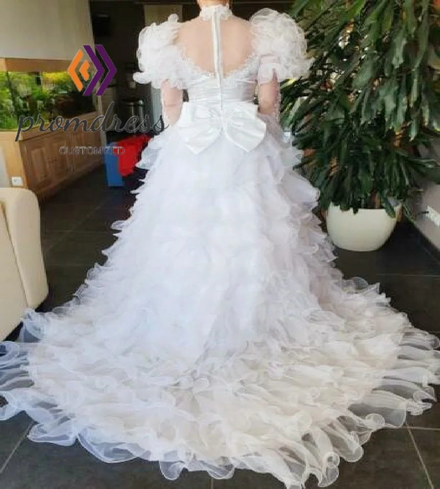 Costume 1980s Victorian Wedding Dress With Ruffles Sleeve Long Sleeve Organza Bridal Dress Tudor Lace Bustle Bride Customized