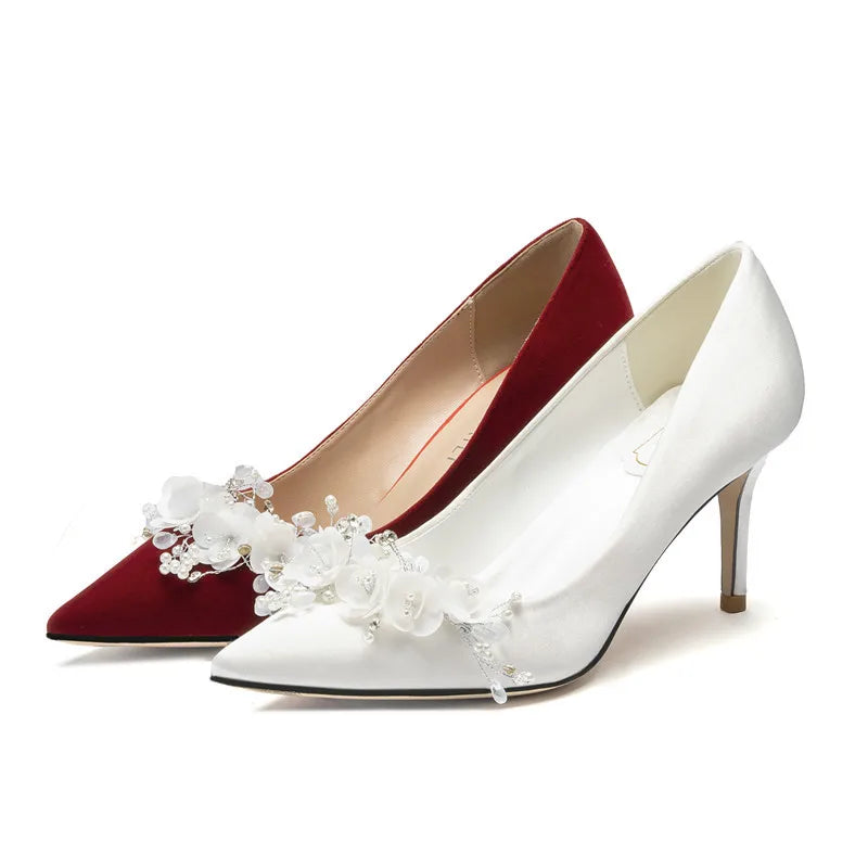 Wedding Shoes Women's 2024 Main Wedding Dress White High Heels Burgundy Xiuhe Bridal Shoes Mid Heel Plus Size Single Shoes