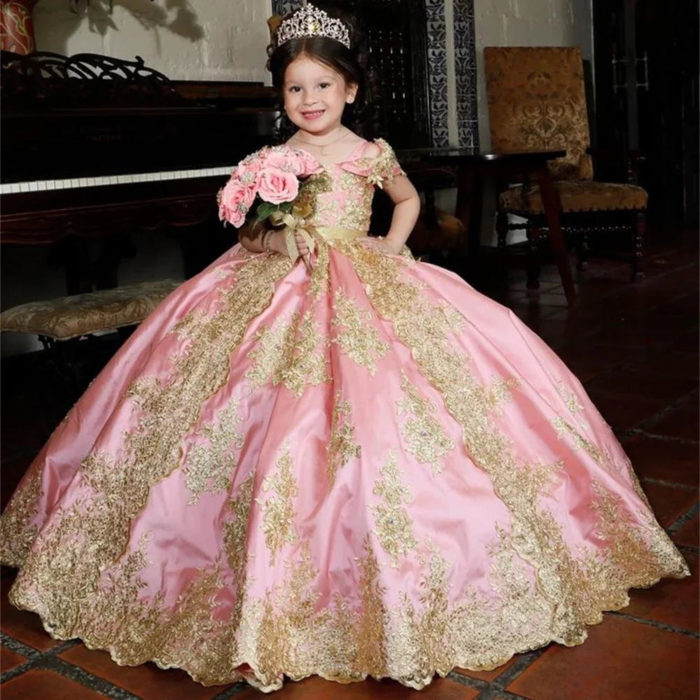Luxury Golden Applique Full Ball Princess Wedding Party Flower Girl Dress Off The Shoulder Floor Length First Communion Gown New