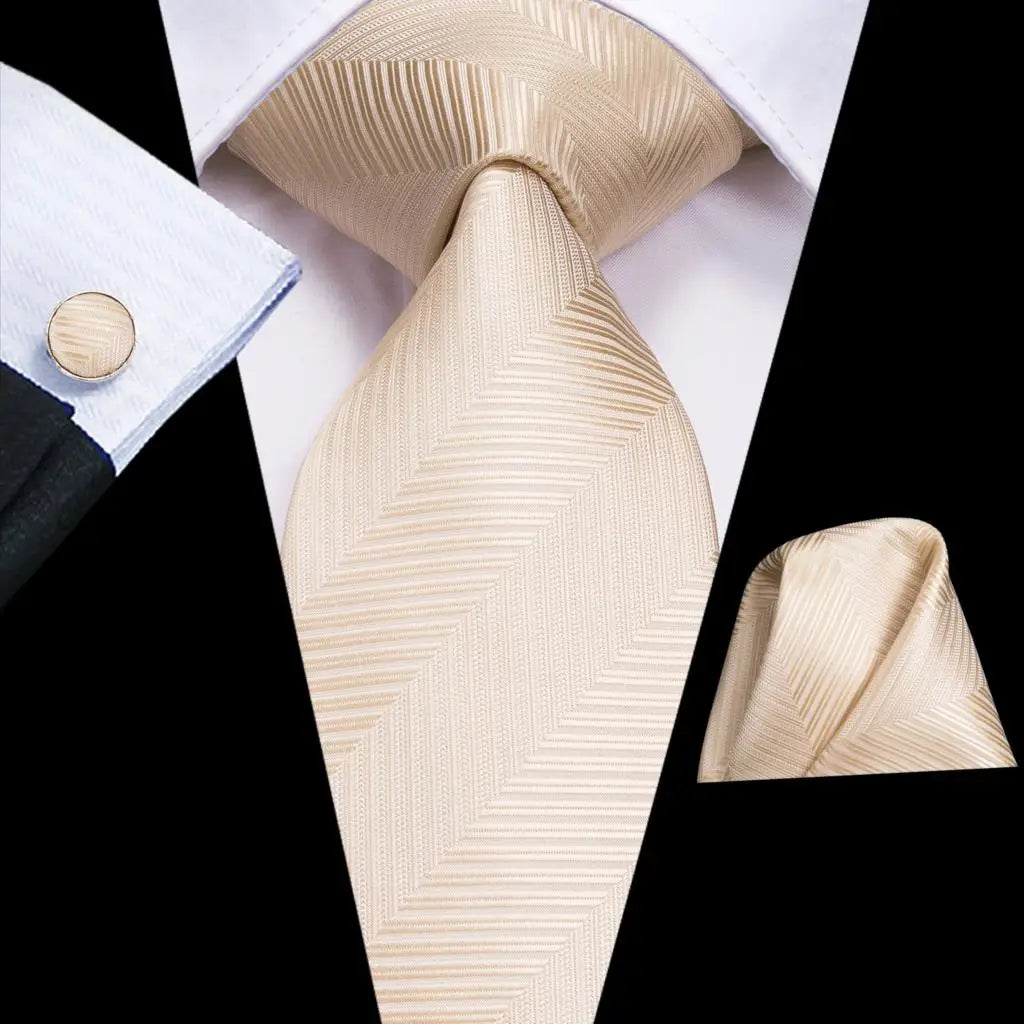 Hi-Tie Champagne Ivory Floral Solid Design Silk Wedding Tie For Men Quality Hanky Cufflink Fashion Nicktie Business Dropshipping
