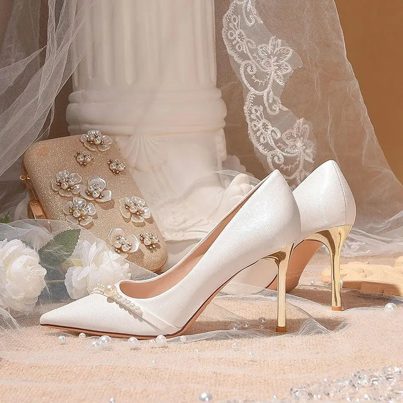 Women's Summer Footwear Bride Pumps Shoes for Woman 2024 Wedding Shoe on Heeled Pointed Toe Pearl Stilito High Heels Popular 39