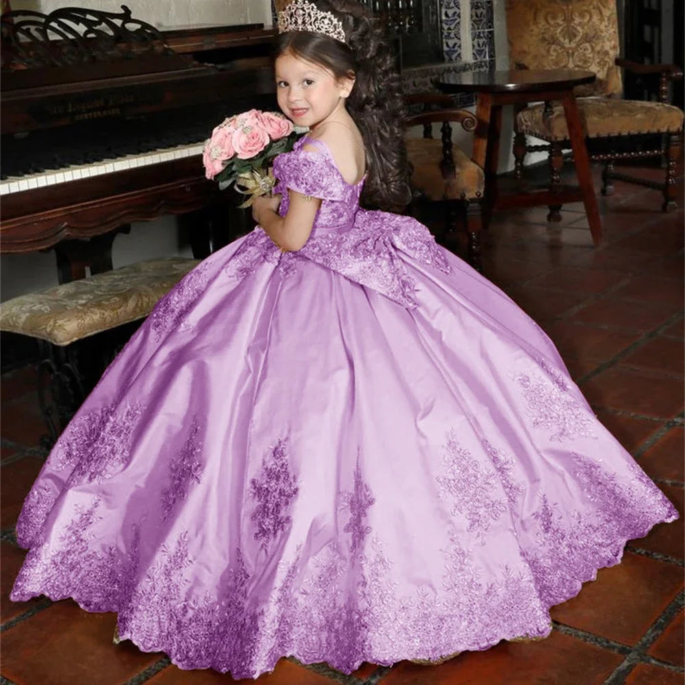 Luxury Golden Applique Full Ball Princess Wedding Party Flower Girl Dress Off The Shoulder Floor Length First Communion Gown New