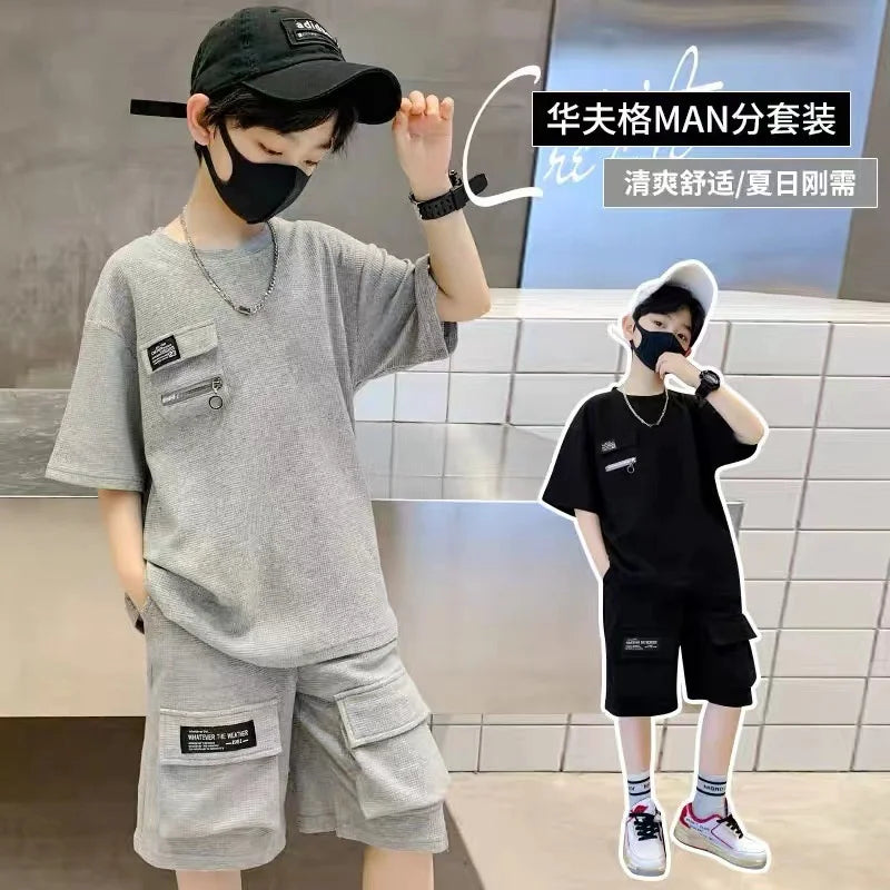 Summer Boys Sets Children Casual Clothing Suits Teenager Sports T-shirts Suits Big Kids Short Sleeves Tops+Shorts 2Pcs Outfits