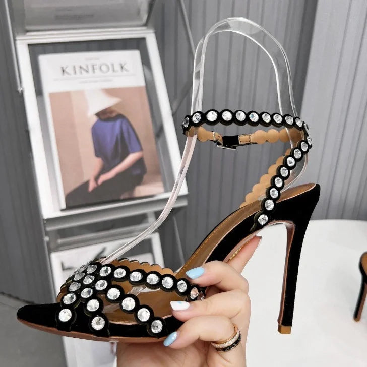 Women Peep Toe Wedding Sandals Crystal Bling Bling Colored Rhinestone shiny Sandals Stiletto Heels Slingback Ankle Strap Shoes