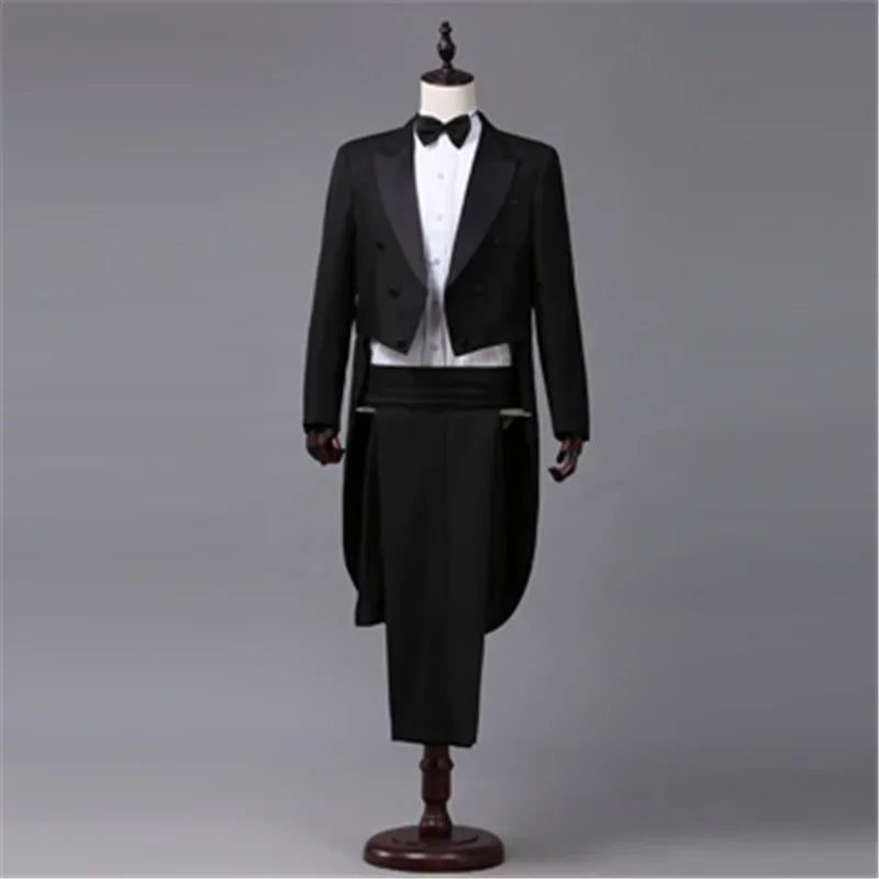 Men's Tuxedo Costume Vintage Formal Tailcoat Slim Fit Peak Lapel Suit Tux Pants Tail Coat Singer Magician Stage Jacket Outfits