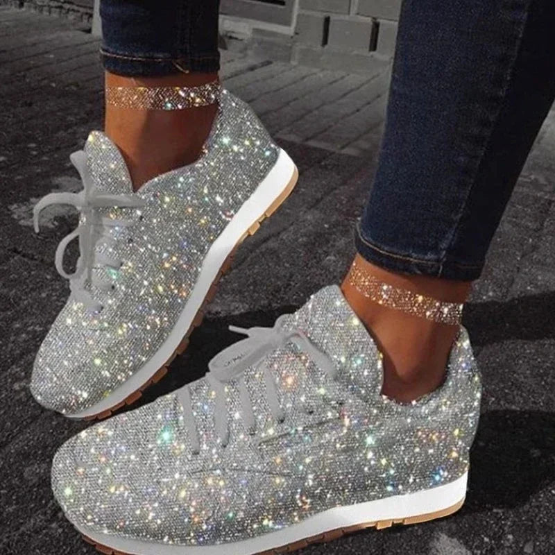 2024 New Women Flat Sneakers Casual Bling Vulcanized Shoes Women Mesh Lace Up Platform Plus Size Fashion Outdoor Woman Shoes