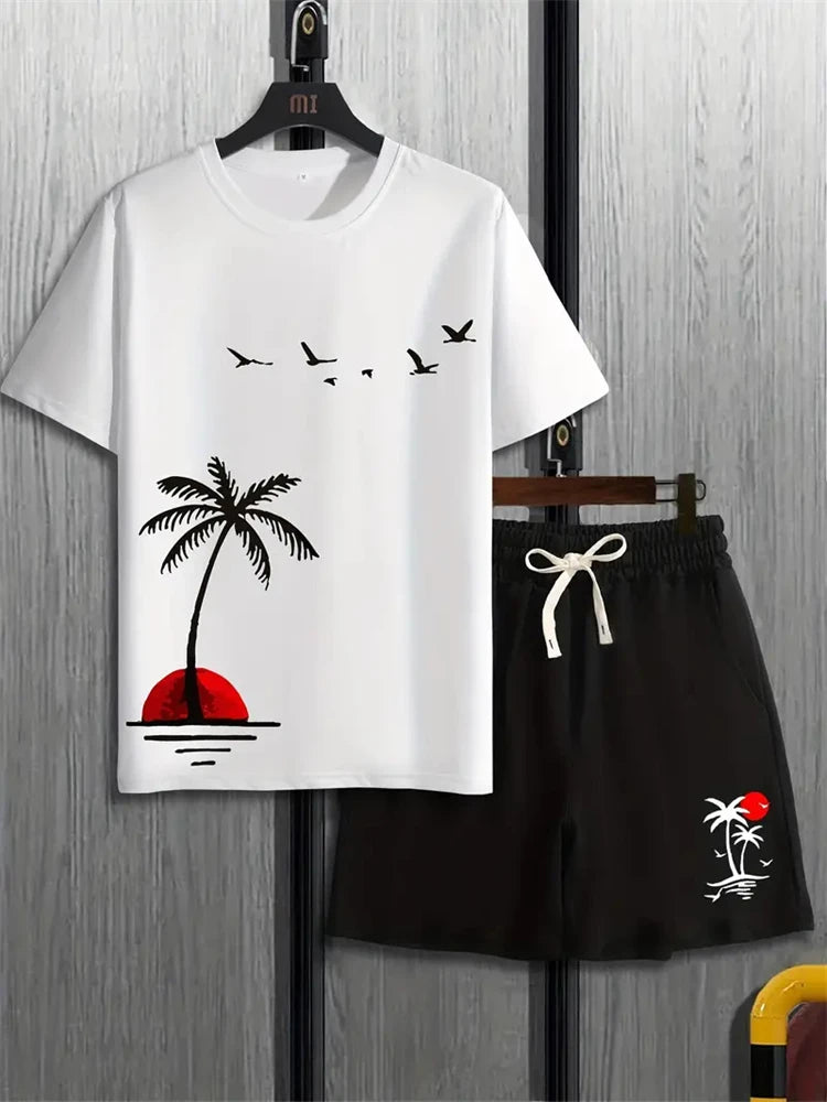 Summer Men's Suit Sportswear Fashion Casual Short Sleeve Vacation Style Gradient Printing Men's T-Shirt Shorts Suit Menswear
