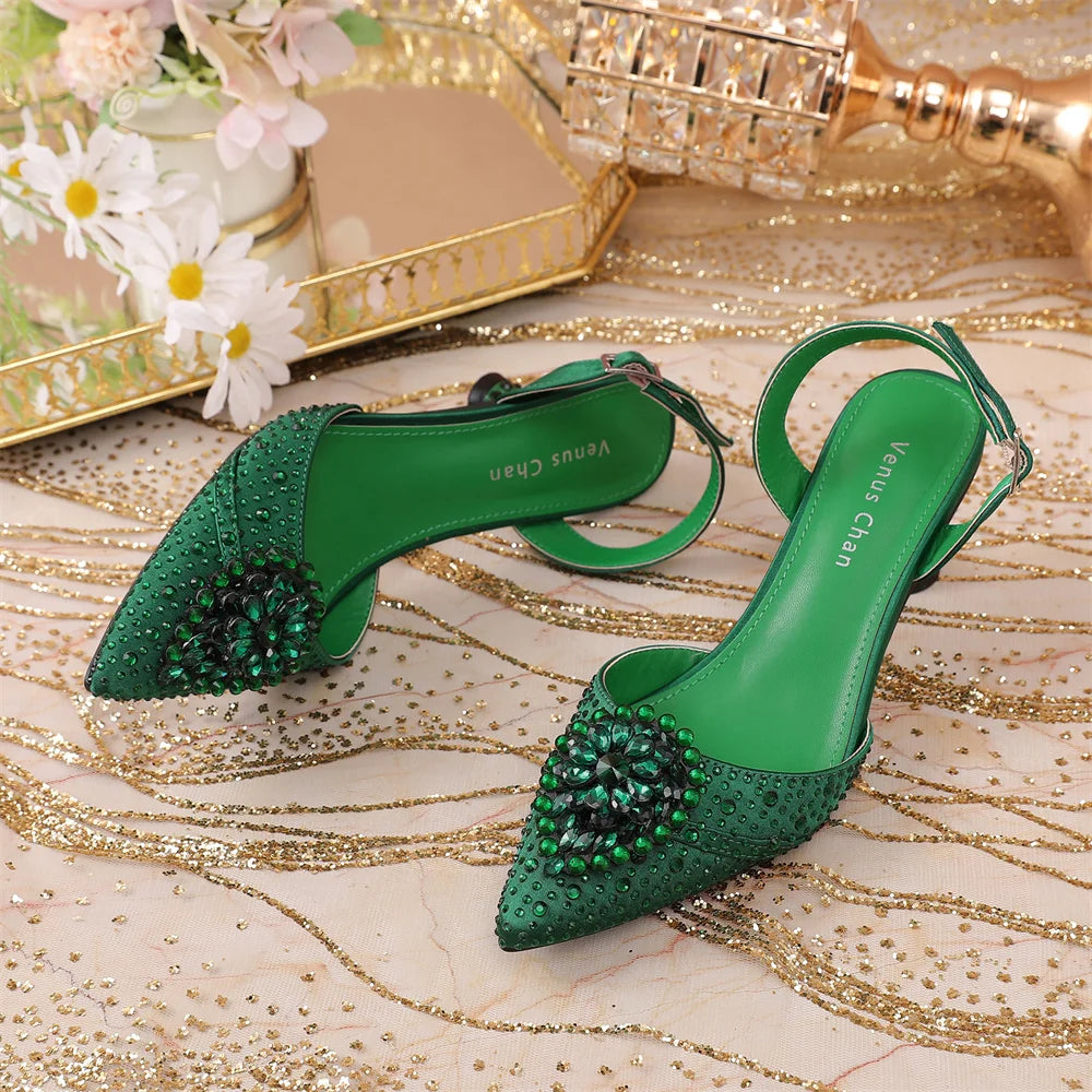 Luxury Elegant High Heels Royal Blue Color Diamond Embellished Pointed Toe Women's Shoes for Wedding Party Casual 2025 Style