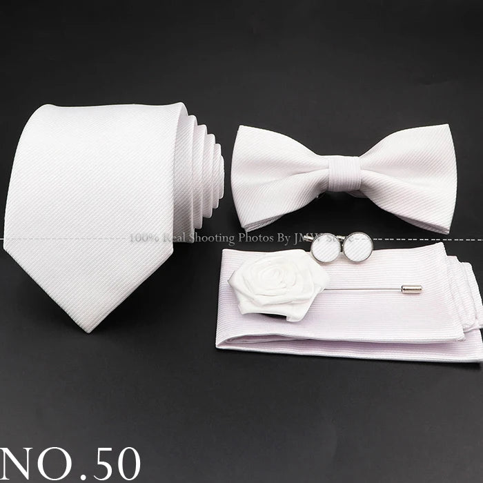 Hot Sale Red Blue Tie Set Polyester Slim Striped Necktie Bowtie Cufflink Brooch For Groom Suit Wedding Cravat Shirt Accessory
