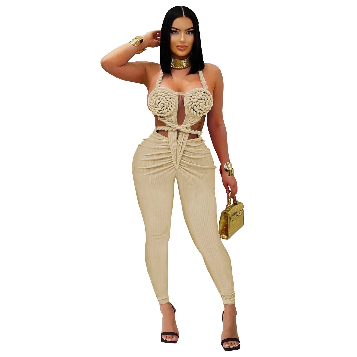 GLCMYAYA Women Halter Neck Knit Ribbed Ruched Stacked Jumpsuits 2025 Summer Vacation Beach Romper Playsuit One Piece Set Outfits