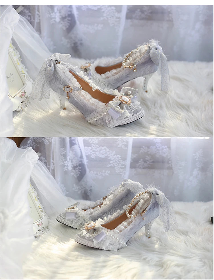 Original Handmade Lolita High Heels Heavy Industry Feather Stitching Pearl Bow Lace Platform Shoes Round Head Princess Heels