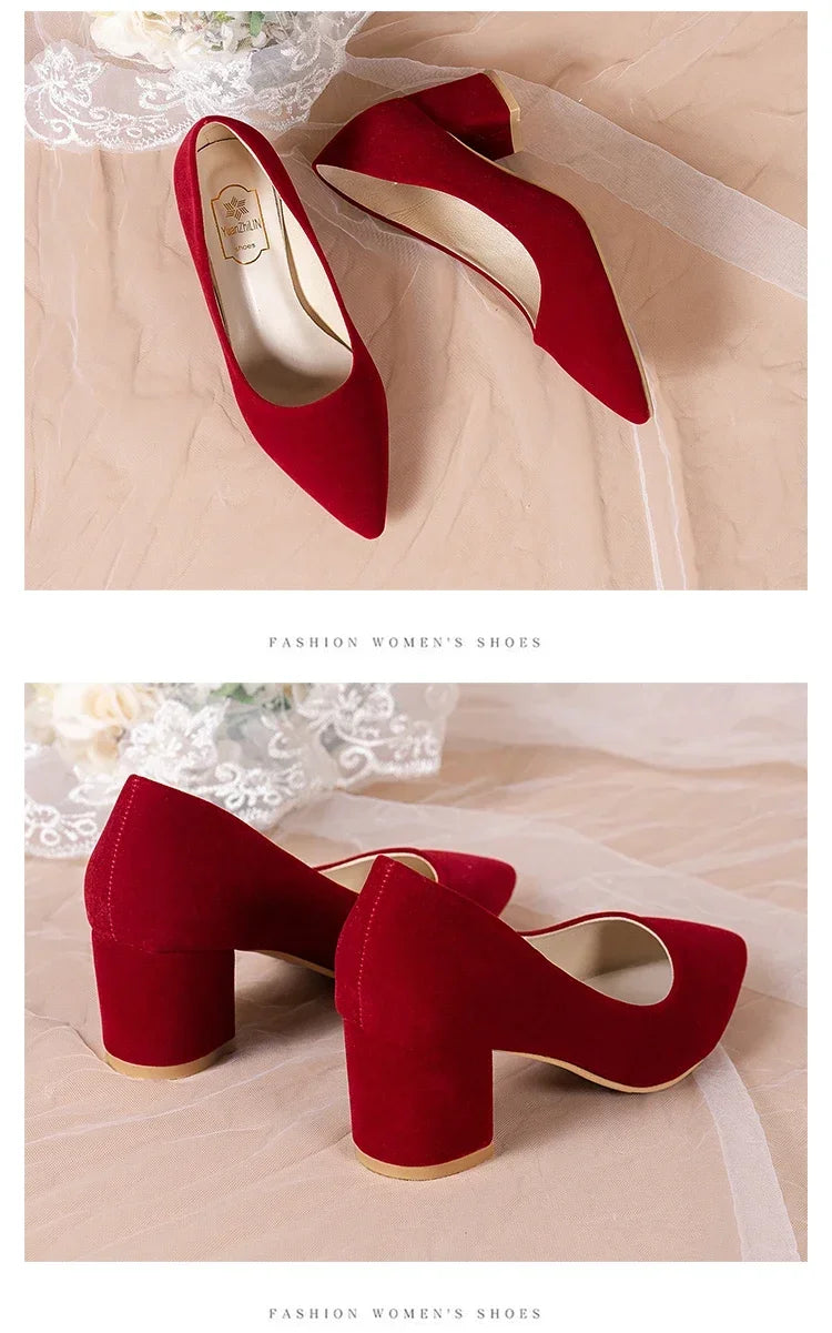 French Red Wedding Shoes for Women 2024 Spring/Summer/Autumn New Pointed Thick Heels Not Tiring Feet Bride Shoes