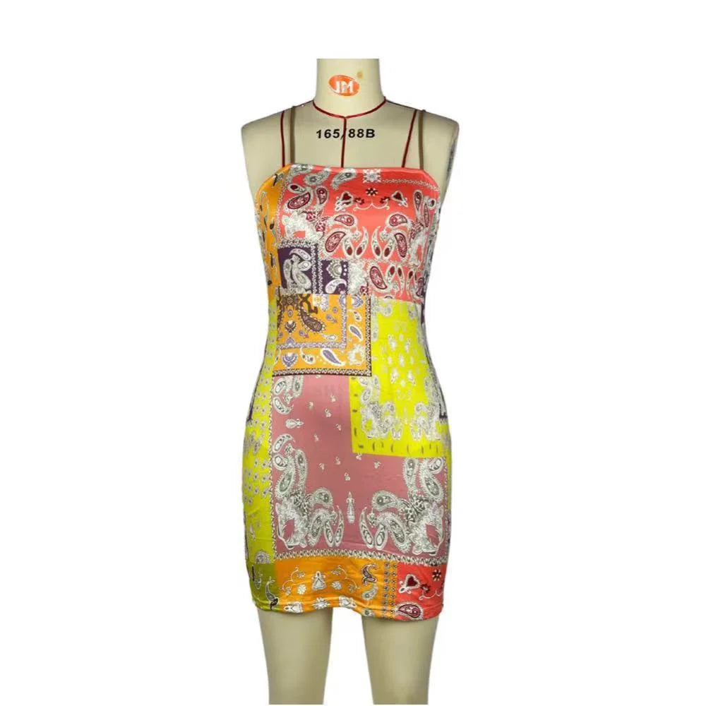 Summer Clothing Women Fashion Sexy Hijab Print Spaghetti Strap Dress Casual Beach Sleeveless Club Slim Fit Party Mini Dress