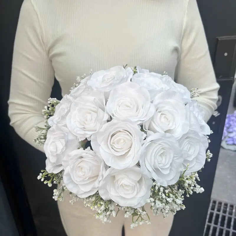 Wedding Flowers Bridal Bouquet Bridesmaids Silk Roses Fake Babys Breath Bride Wedding Accessories Table Centerpiece Decoration