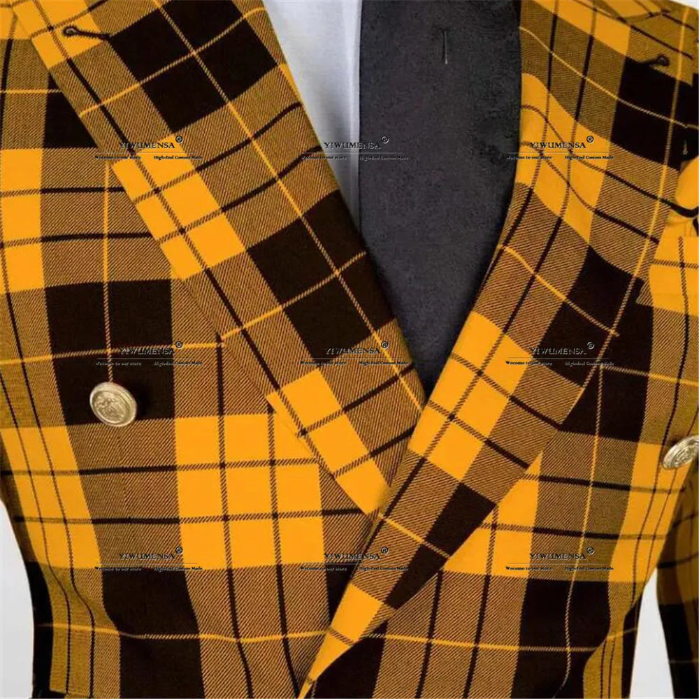 Plaid Check Suits Men Double Breasted Prom Blazers Formal Business Jacket Pants 2 Pieces Groom Wedding Tuxedos terno masculino
