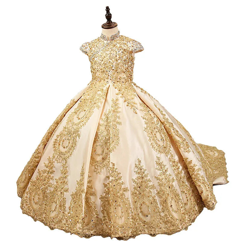 Gorgeous Golden Long Flower Girl Dresses for Wedding Pageant Birthday Cap Sleeve Lace Appliques Child Holy Communion Gown