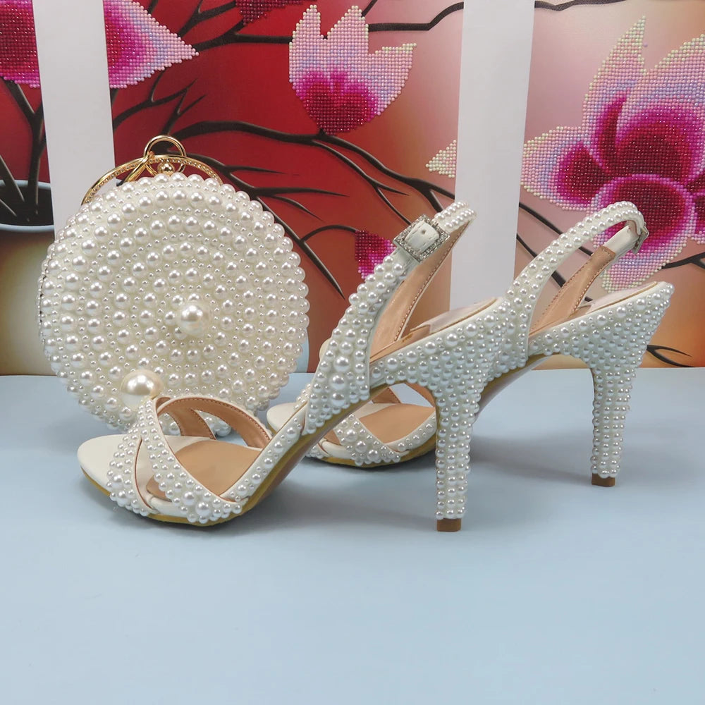 2024 New Arrival Hademade White Sandals Bridal shoes bag set woman Big Pearl Girls fashion Sandals party Shoes Fashion Thin Heel