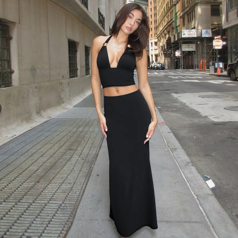 Mozision Elegant Summer 2 Piece Sets Women Metal Ring Crop Tops And Maxi Skirt Female Fashion Solid Lace-up Beach Two Piece Sets