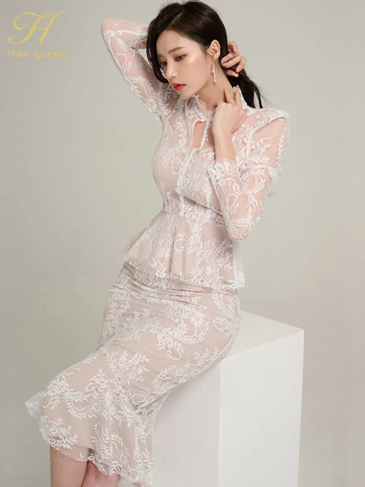 Spring Professional Woman Lace 2 Pieces Set Simple Tops + Vintage High Waist Mermaid Skirt Korean Skirts Suits