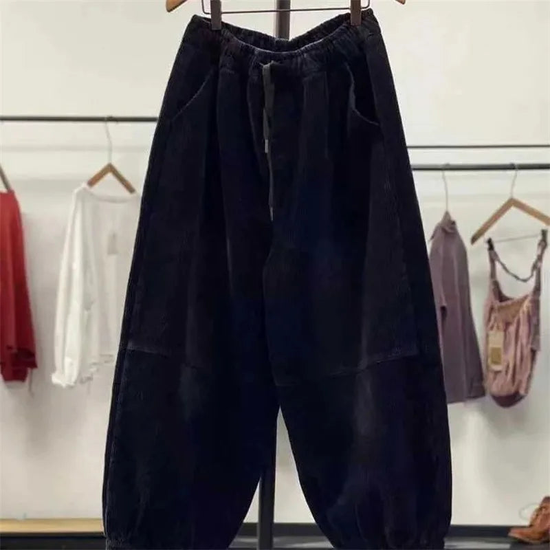 Ladies Large Size 4XL Corduroy Pantalons 2024 Female High Waist Add Velvet Casual Trousers Winter Women Loose Fit Lantern Pants