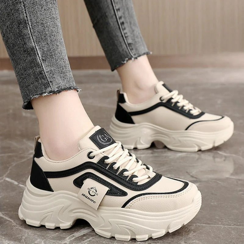 Women Sneakers Leather Height-Increasing Shoes Fashion Lace-up Casual Shoe Outdoor Vulcanized Shoe Designer Platform Women Shoes