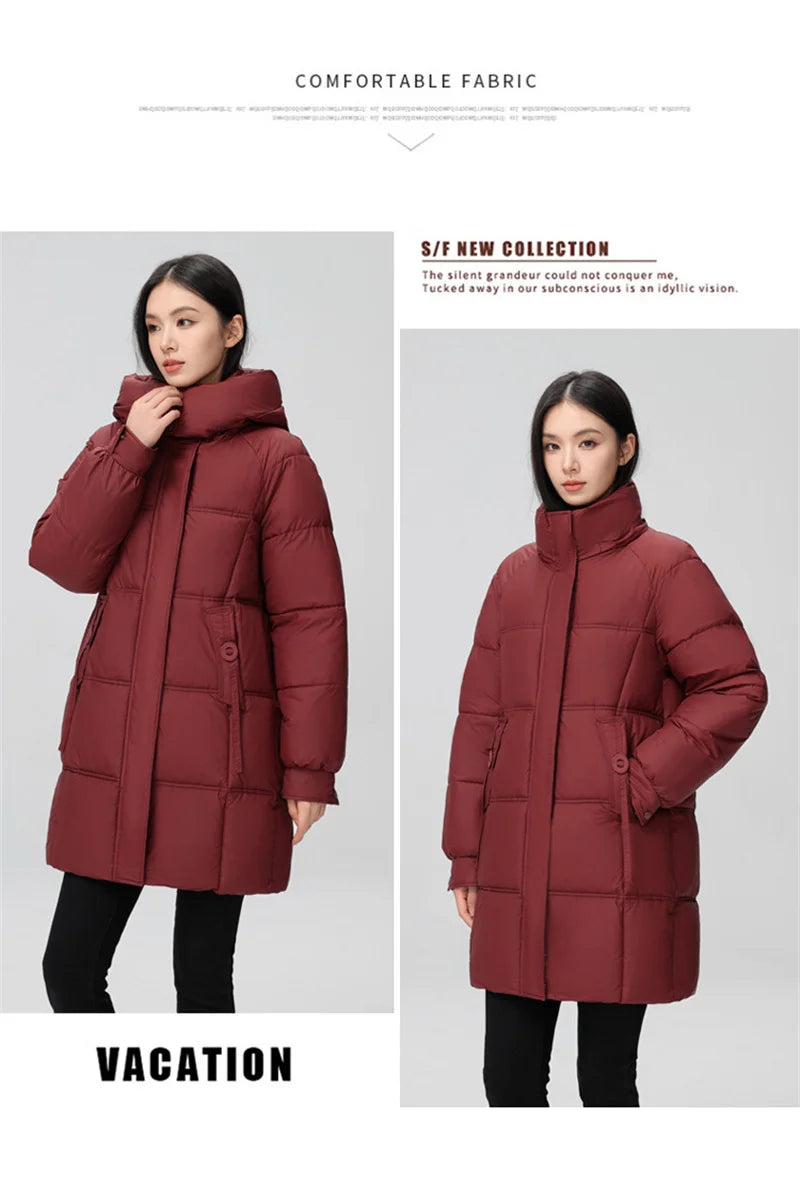 2024 New Winter Women Jacket Mid Long Hooded Parka Cotton Padded Jacket Female Parkas Loose Casual Warm Outwear Snow Wear Coats