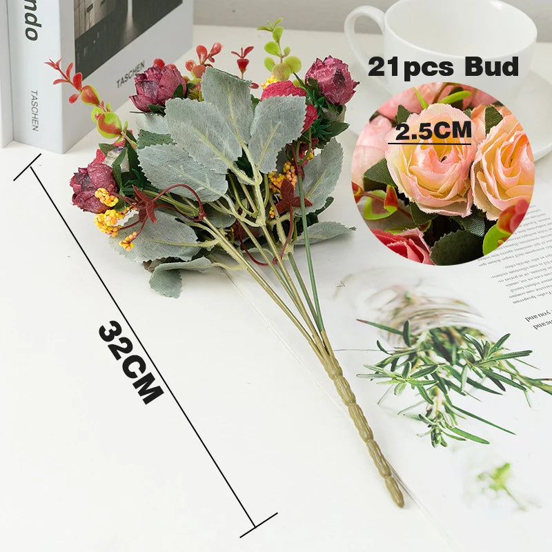 7 Branch 21 Heads Artificial Flowers Bouquet Mini Rose for Bridal Shower Wedding Floral Birthday Party Home Office Decoration