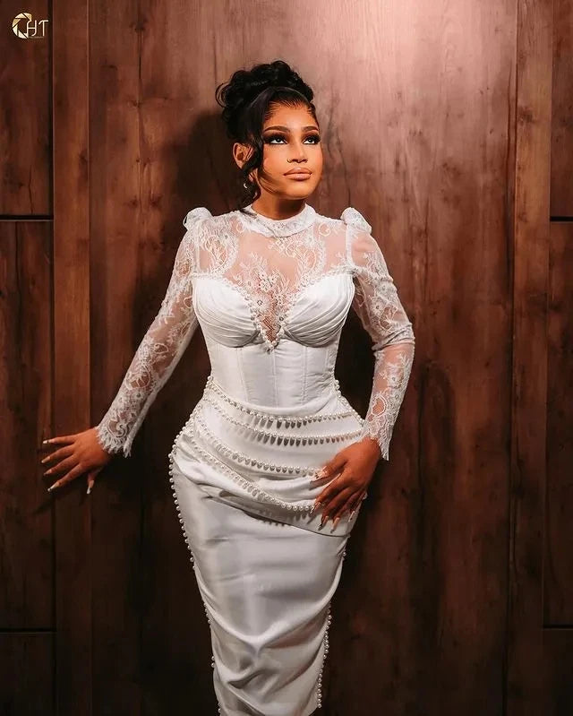 Short African Wedding Dresses Sheath Long Sleeves Tea Length Lace Pearls Women Bridal Wedding Gowns For Black Girls Customized