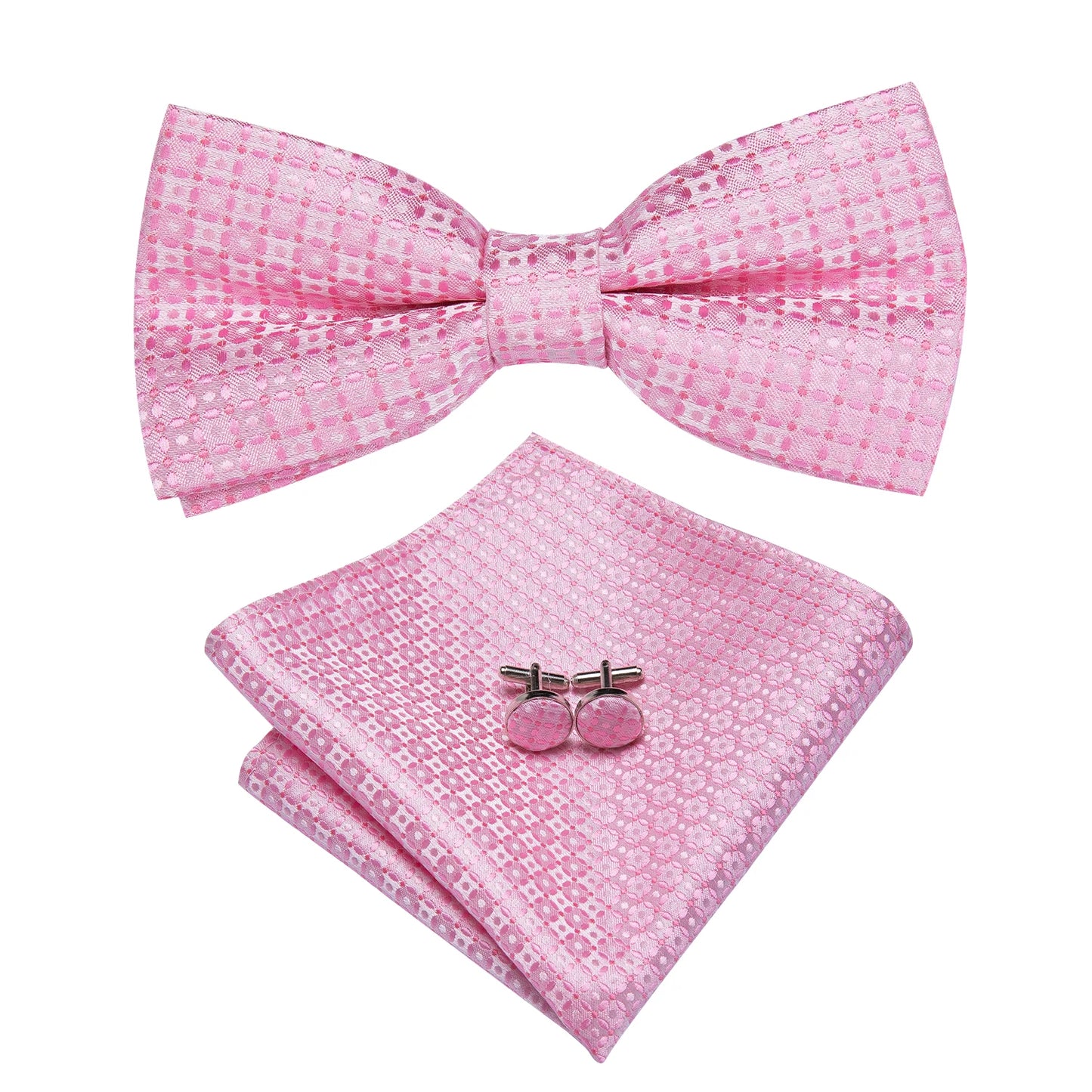 Hi-Tie Pink Dot Silk Mens Pre-tied Bow Tie Hanky Cufflink Set Dusty Pink Butterfly Knot Bowtie for Male Wedding Business