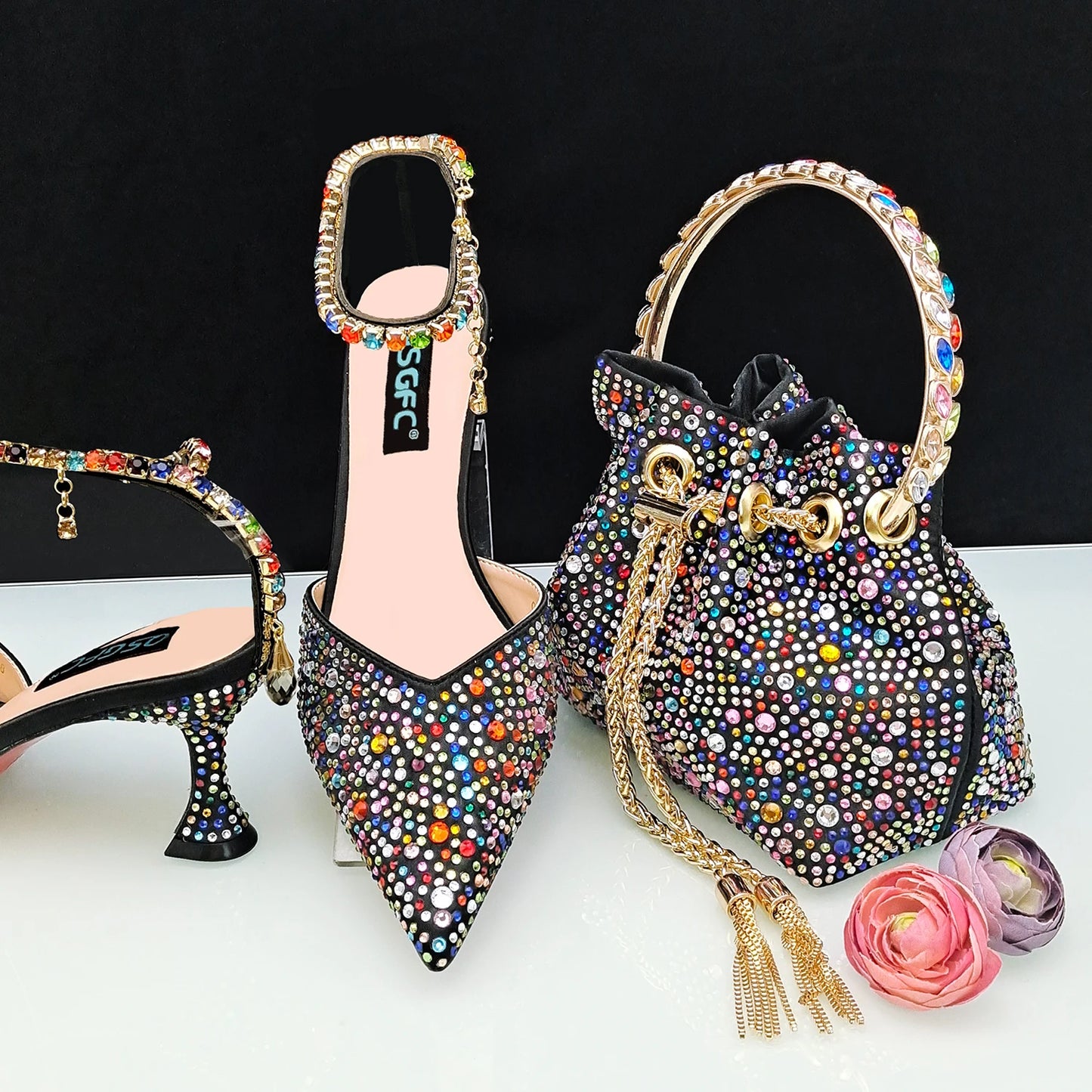 QSGFC New Gold Glitter Fabric Pointed Toe High Heels With A Variety Of Shapes Of Rhinestones Fashion Party Ladies Shoes And Bag