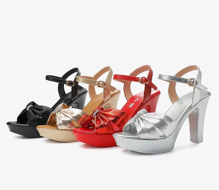 Plus Size 32-43 Elegant Silver Red Wedding Shoes Women Platform Sandals Summer 2025 Block High Heels Leather Sandals Model