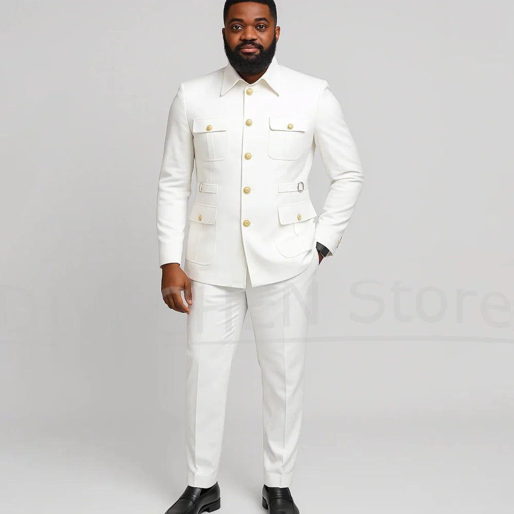 Men Suits 2 Piece Fashion Stand Collar Four Pockets Single Breasted Outfits Slim Chic Business Casual Wedding Party Tuxedos